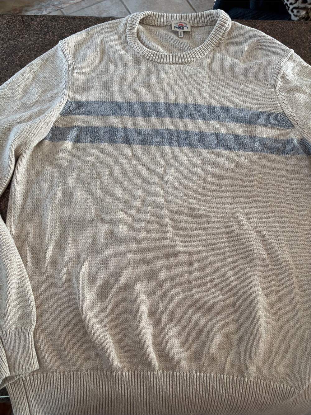 Faherty Men’s Cream Crewneck Sweater Blue Chest Stripes-L